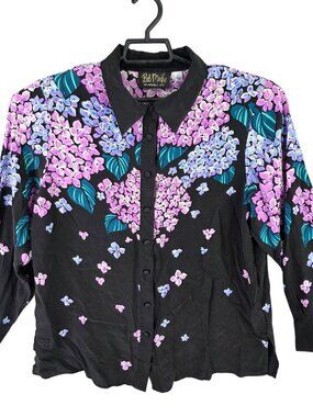 Womens Bob Mackie Wearable Art Black 100% Silk Blouse Purple Floral Button Up L